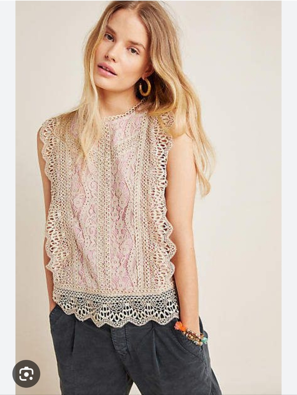 Anthropologie ✨️ Lace Overlay Pink & Cream Sleeveless Women's Top Size S